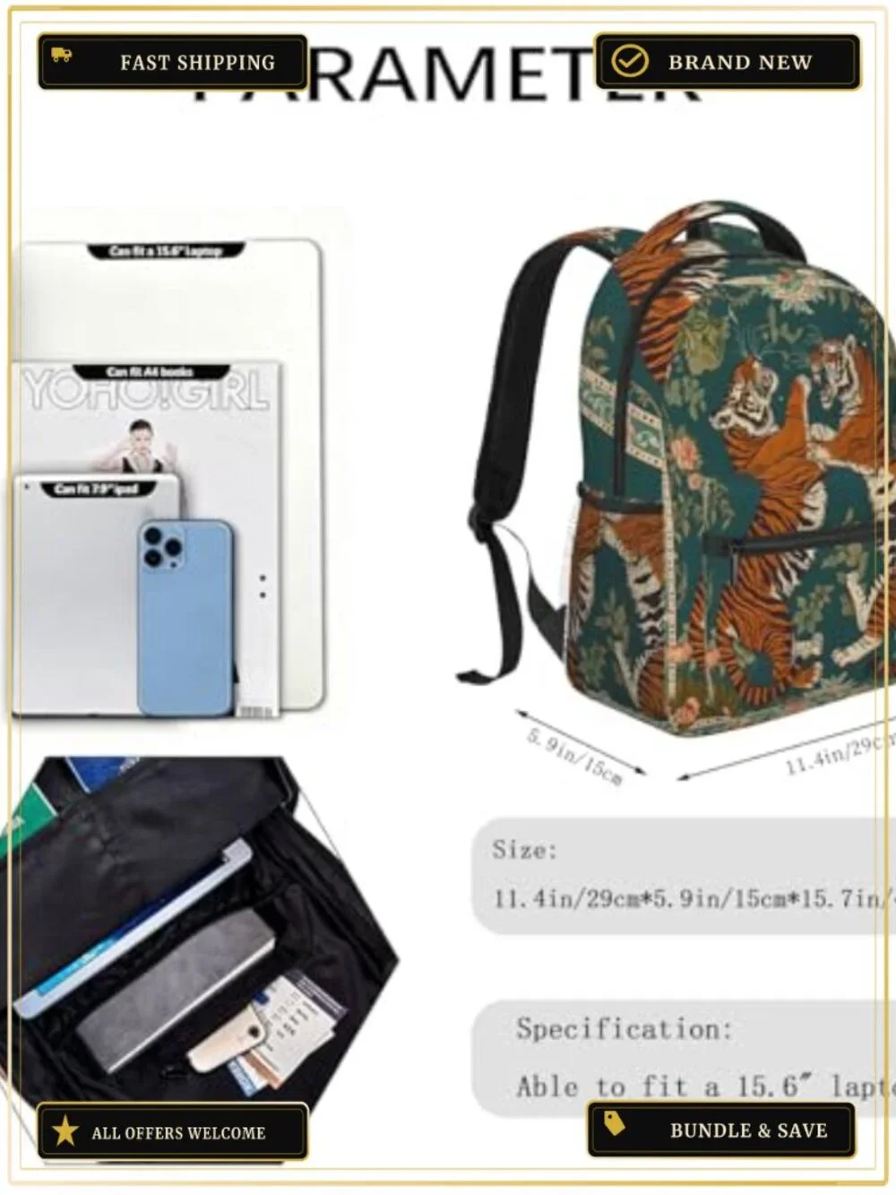Vintage Tiger Floral Backpack Lightweight Laptop Daypack Boho Animal Bookbag